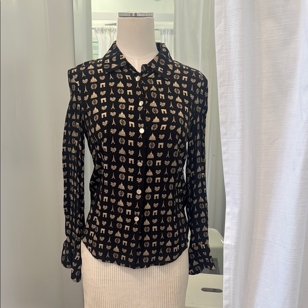 Vintage PARIS motif silk Black and Cream Button-Up Women's Top